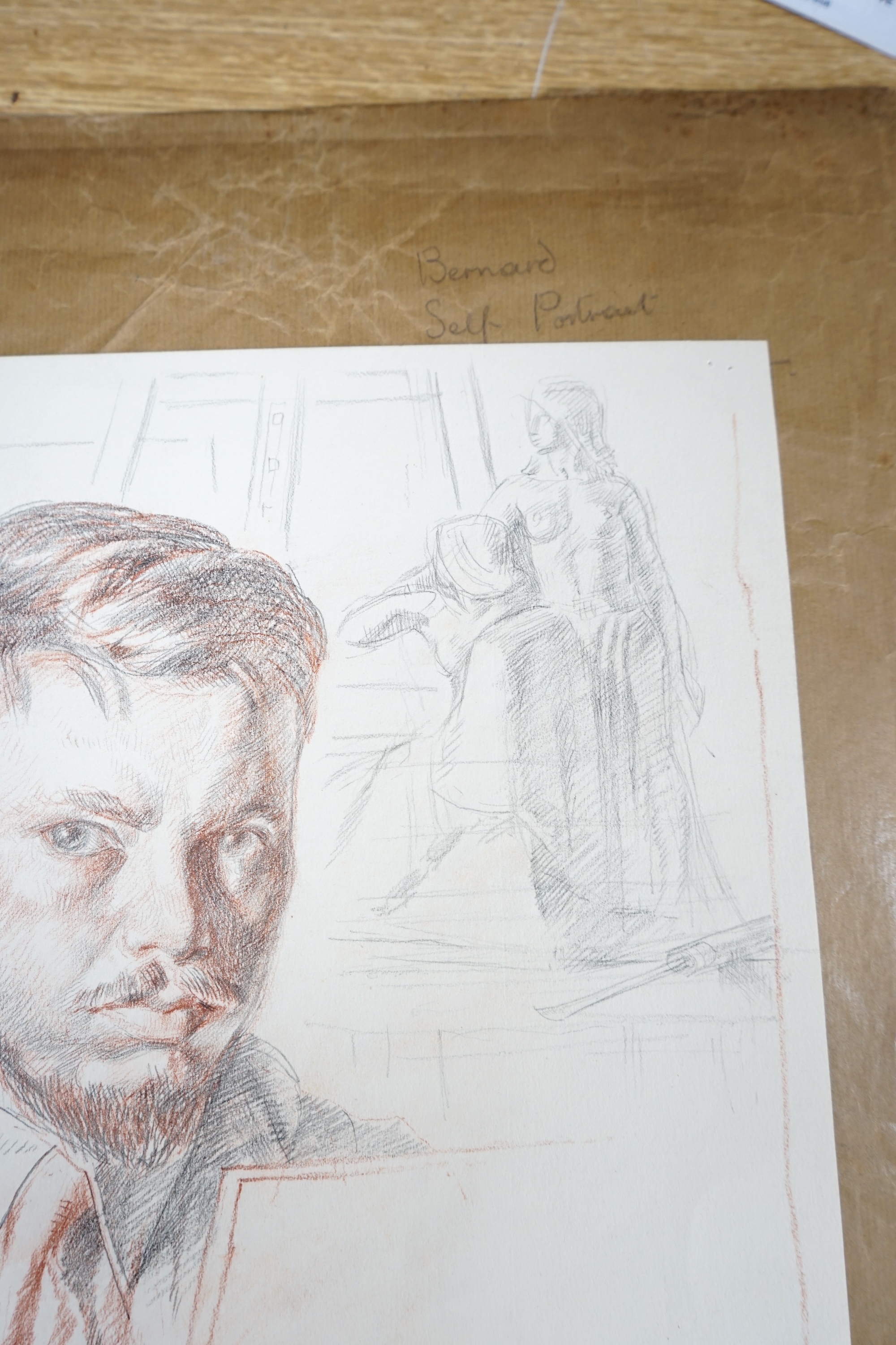 Modern British, pencil and sepia chalk, 'Bernard, Self-portrait - Imaginative Subject', 35 x 26cm, unframed. Condition - good